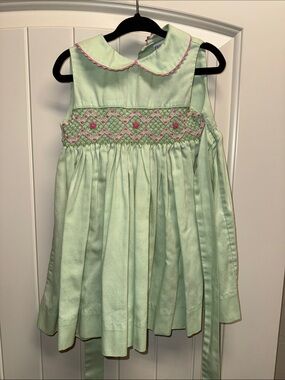 Friedknit Mint Green Smocked Dress with Pink Trim
